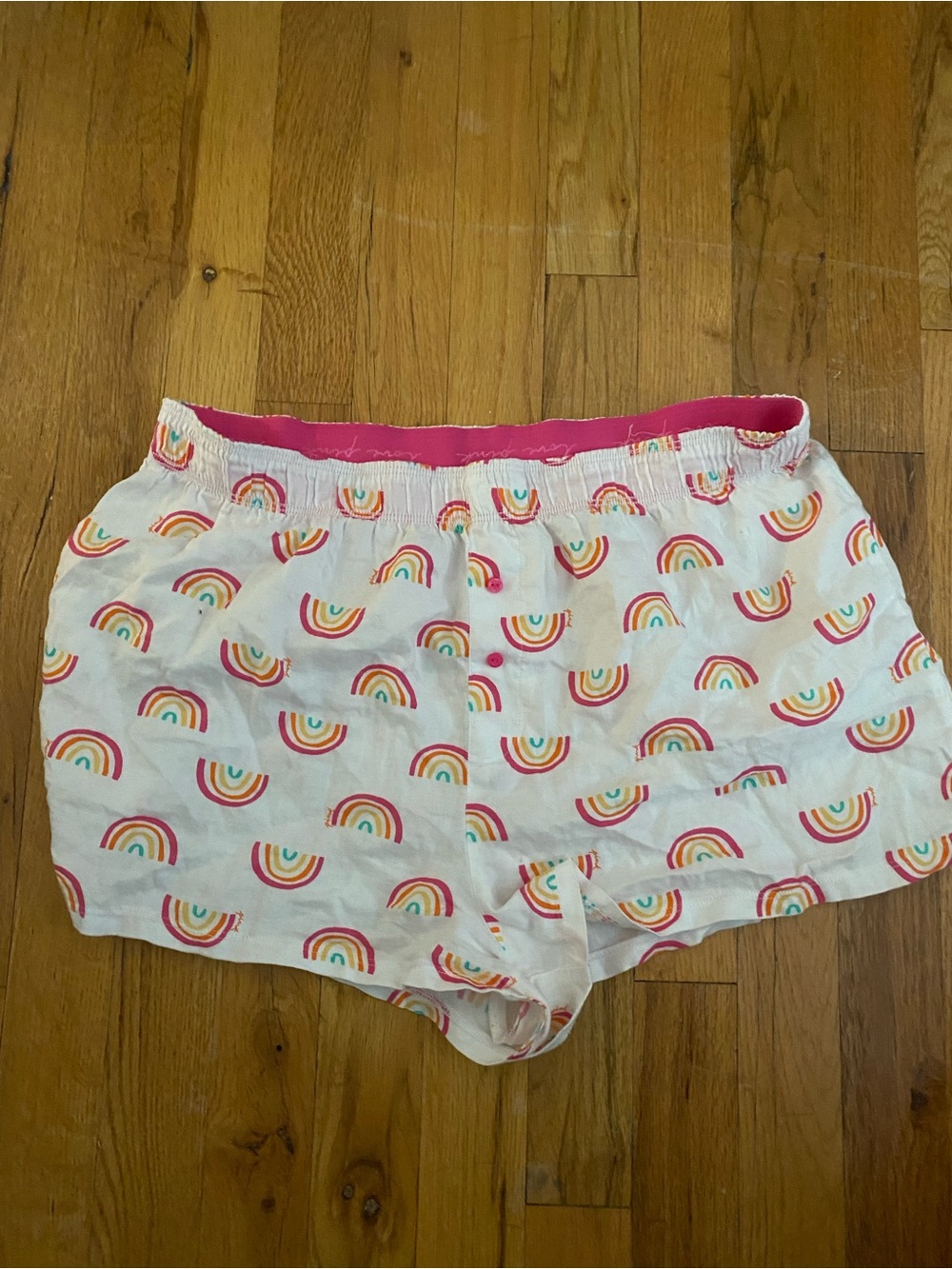 PINK Victoria's Secret White Rainbow Print Lounge Shorts with Pink Waistband